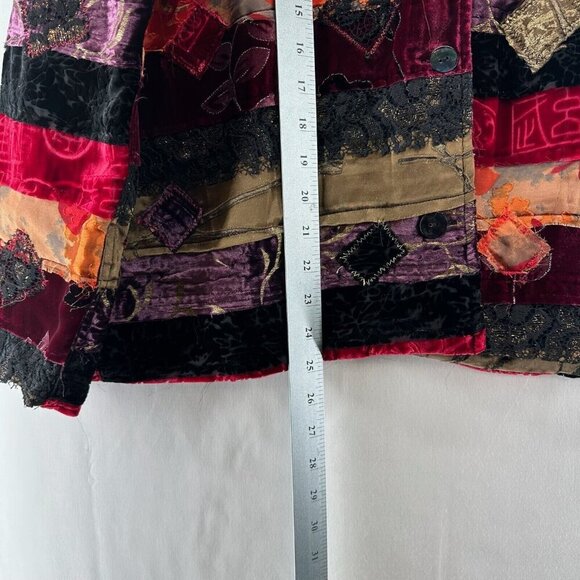 Chico's Design Jacket Size 1 M/8 Rayon Silk Velvet Patchwork Shacket Multicolor - Picture 10 of 10